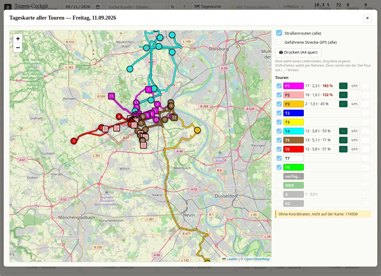 Day map of all tours around Krefeld, Moers and Neuss: each tour is drawn as a coloured route with numbered stops, next to a list of tours with their load.